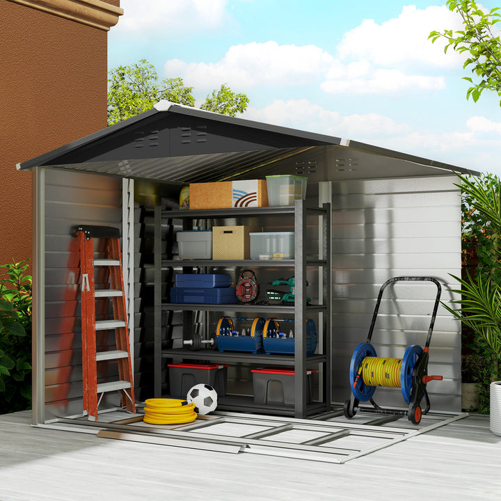 Metalredskabsskur, vejrbestandigt og rustbestandigt, aflåseligt, 2,40 x 2,06 x 1,98 m, teaktræ