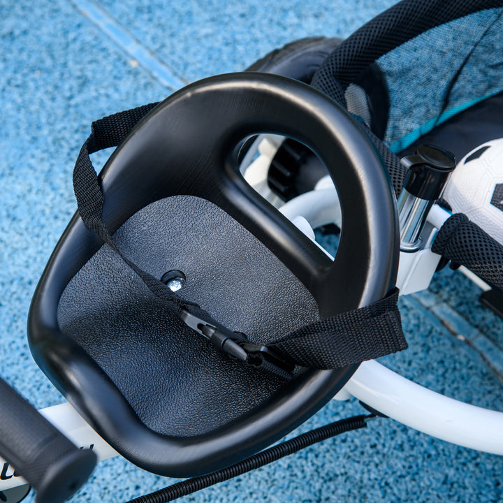 Børnetrecykel, børnecykel, bagkurv, kopholder, solskærm, metal, blå