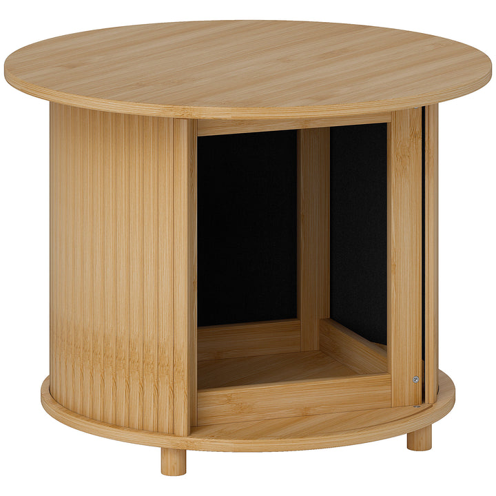 Sidebord, rundt, med opbevaringsplads, skydedør, bambus, Ø60 x 45 cm, lasteevne op til 20 kg