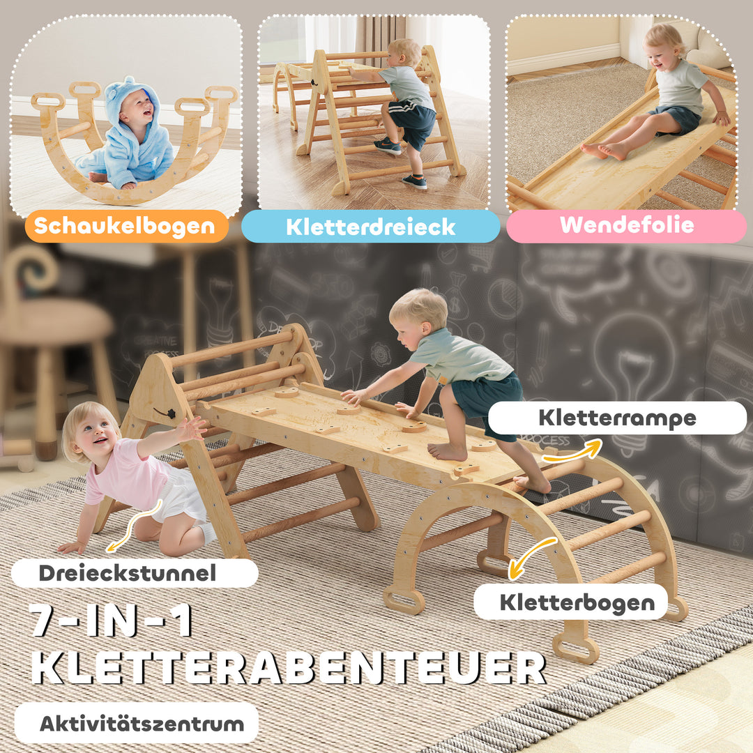 7-i-1 klatrestativ, buet stige, trekantet stige, rampe, klatrevæg, rutsjebane, til børn i alderen 1,5-4 år, foldbar, træ