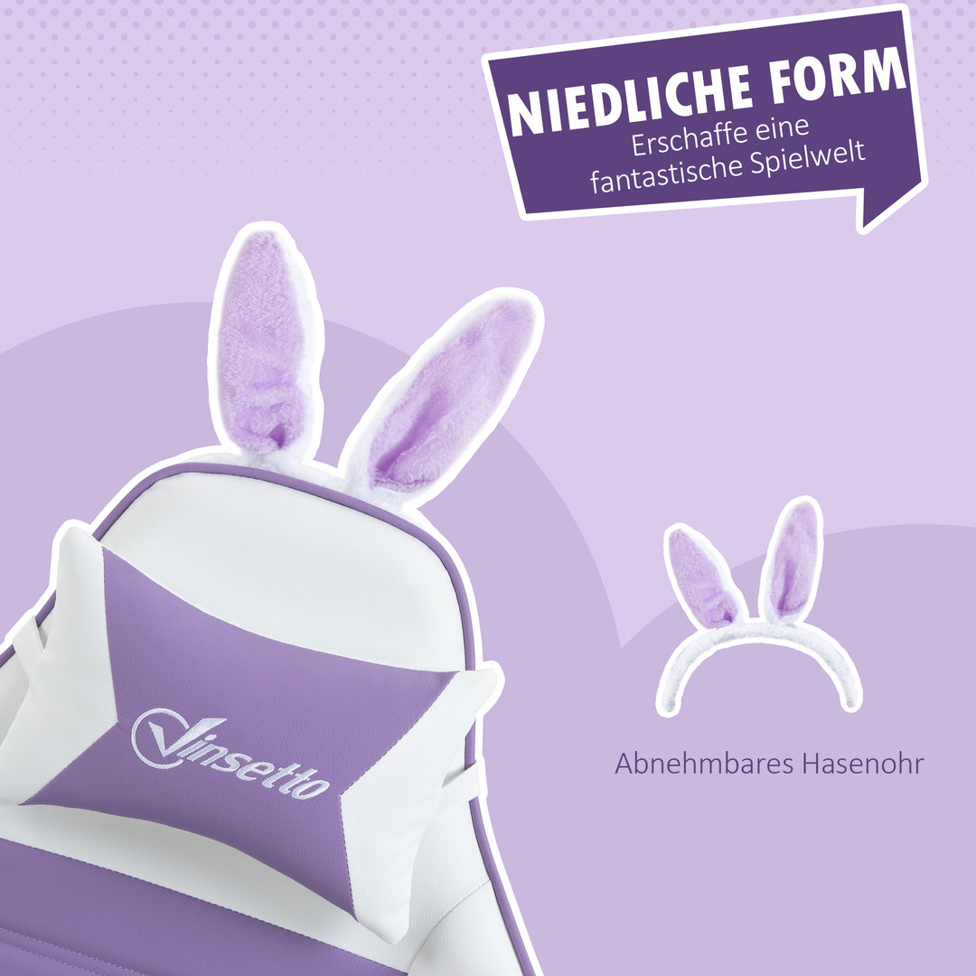 Gamingstol ergonomisk med lændestøtte, fodstøtte, pude med kaninører, lilla