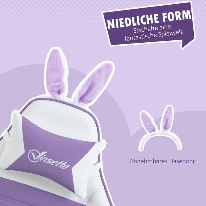 Gamingstol ergonomisk med lændestøtte, fodstøtte, pude med kaninører, lilla