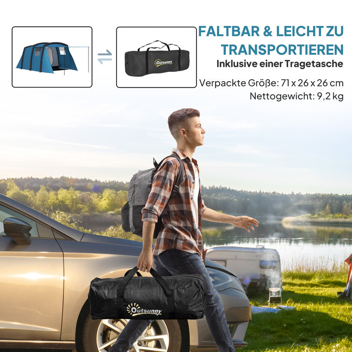 Oppusteligt campingtelt til 3-6 personer, udendørs tunneltelt med sidevinduer og dør, luftstøtte, 4,4 x 2,8 x 1,95 m, blå