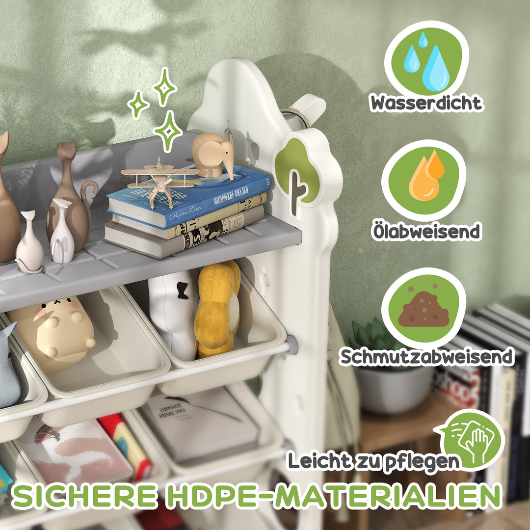 Børneopbevaringsstativ med 9 beholdere til legetøj og bøger, børneværelse, børnehave, plastik, cremehvid
