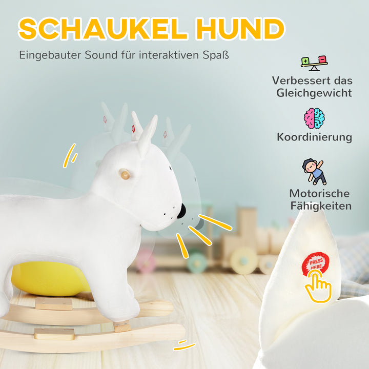Hundeformet gyngehest med lydfunktion, lavet af træ og metal, med plysbetræk, 2-4 år, hvid