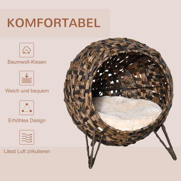 Rattan kattehus med hynde katte soveplads kattehule med hævede fødder brun 52 x 58 cm