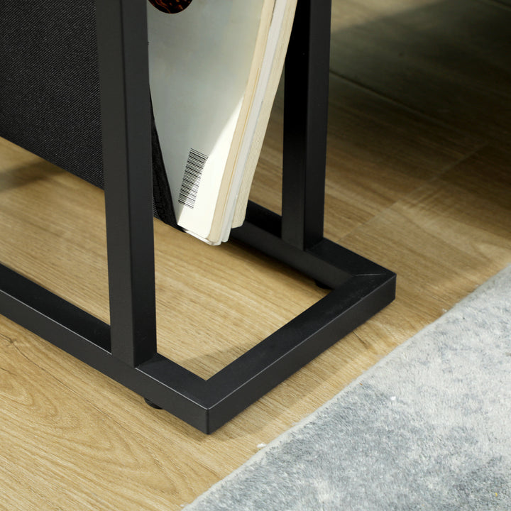 Metal sidebord med stofpose og glasplade, smalt bord til stue, soveværelse, sort