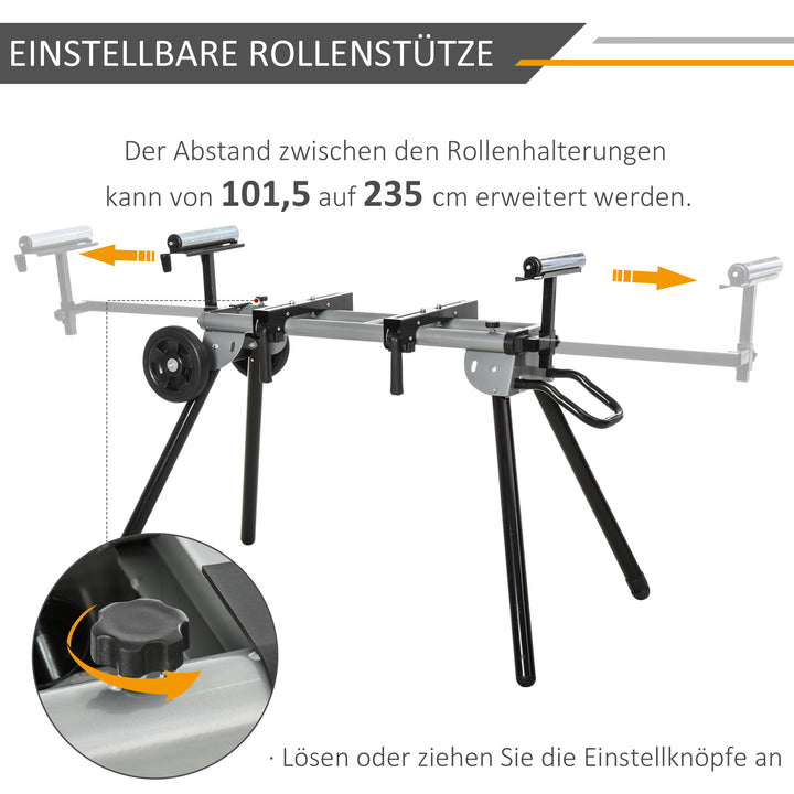 Bundramme til geringssave, arbejdsbord til gerings- og tværsave, savramme, geringssav, stål, sort + sølv, sideforlænger 123,5-245 cm
