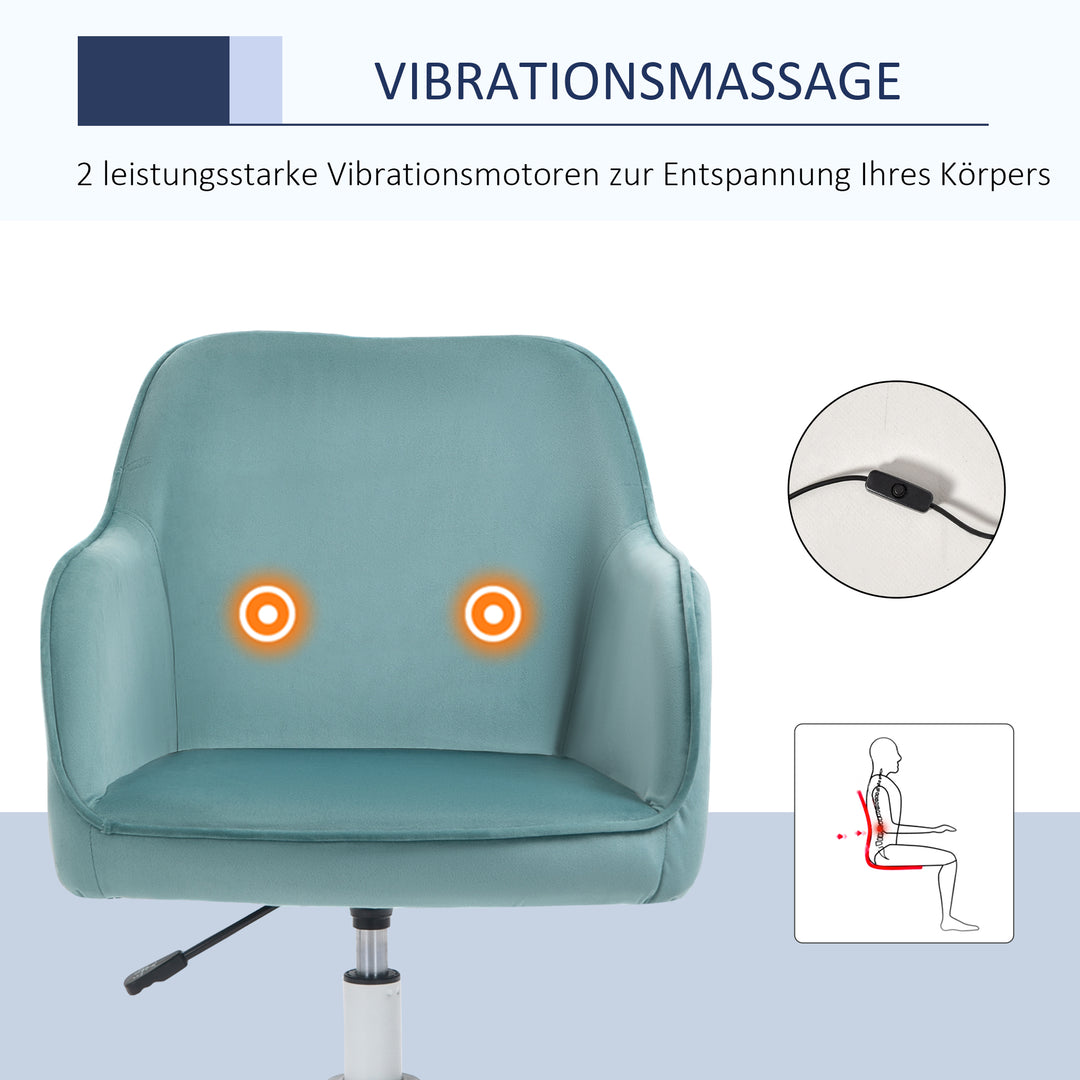 Massagekontorstol i fløjlslook, lændehynde med vibrationsmassage, op til 115 kg, usb-trinposition, højdejusterbar, 57b x 70d x 78-86h cm, grøn