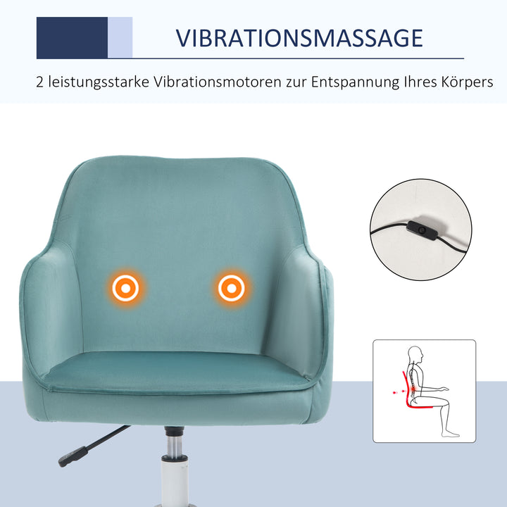 Massagekontorstol i fløjlslook, lændehynde med vibrationsmassage, op til 115 kg, usb-trinposition, højdejusterbar, 57b x 70d x 78-86h cm, grøn