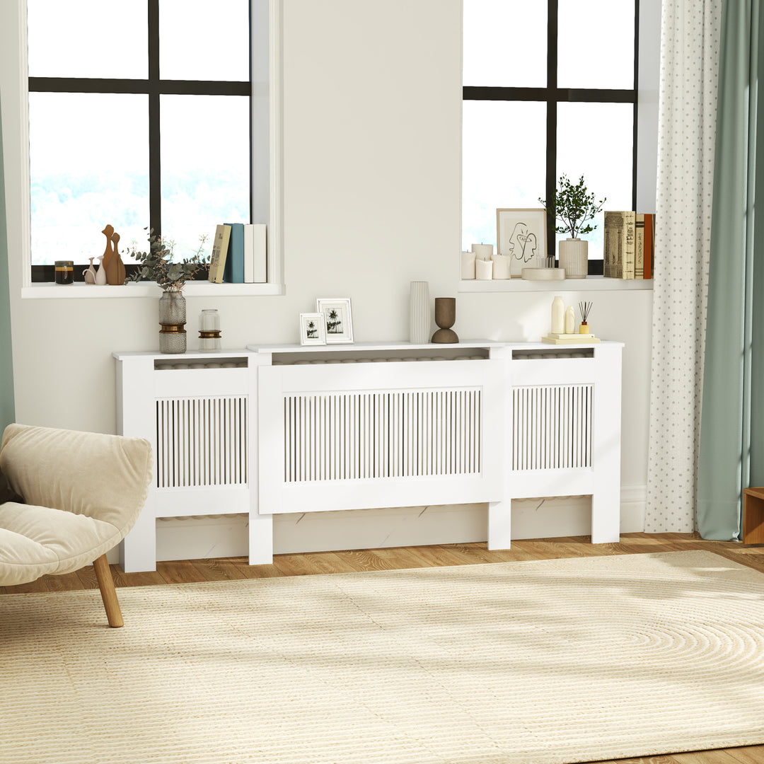 Radiatordæksel lameldesign justerbar længde 125-201cm mdf hvid