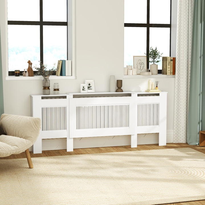 Radiatordæksel lameldesign justerbar længde 125-201cm mdf hvid