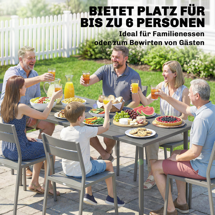 Havebord 165 x 80 cm til 6 personer, spisebord med lamelplade, stålstel, rektangulært