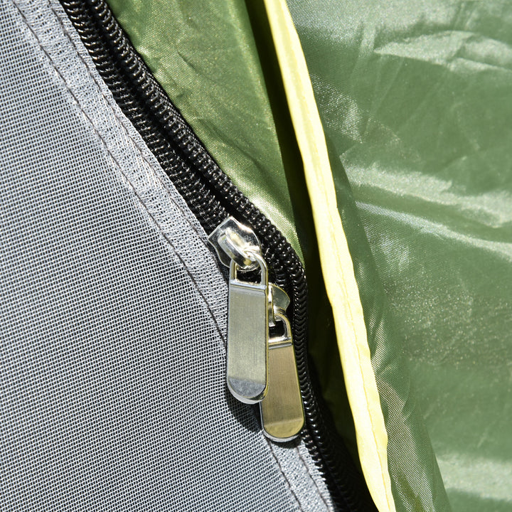 Dobbelttelt, campingtelt, udendørstelt, familietelt, hurtigopsætningstelt, 2 voksne + 1 barn, 4 sæsoner, vandtæt, bæretaske, 2 døre, polyester + glasfiber, mørkegrøn, 210 x 210 x 140 cm