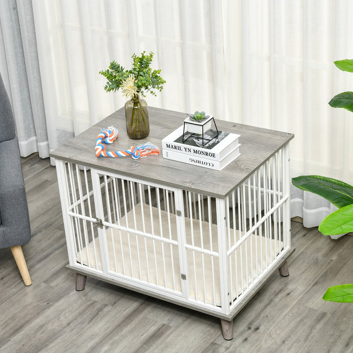 Træhundebur, transportkasse, med hynde, 86 cm x 60 cm x 70 cm, træbaseret materiale, stål, hvid + grå