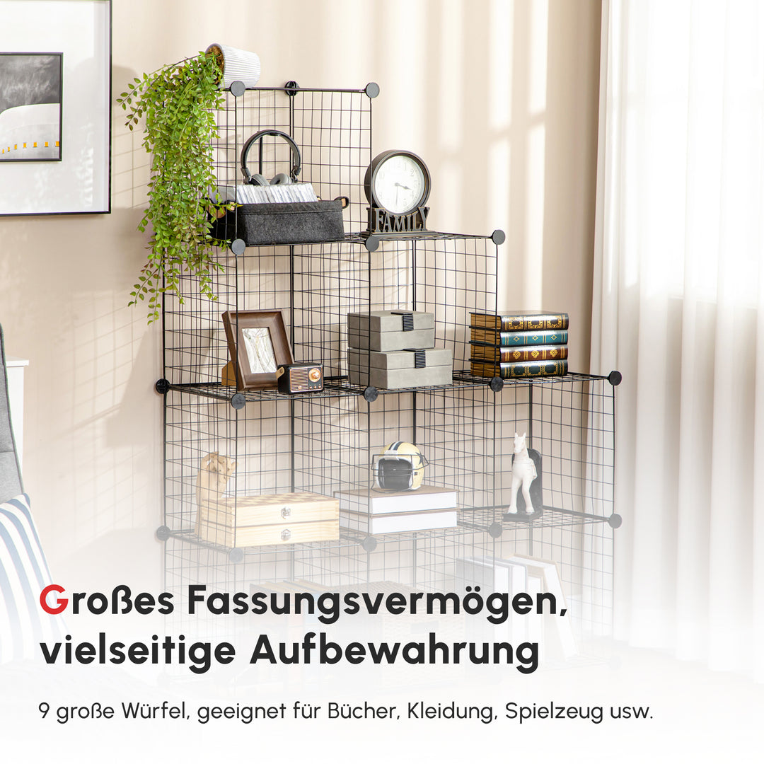 Reol, kubehylde, skohylde, 9 kuber, modulær konstruktion, stål, sort, 35 x 35 x 35 cm pr. kube