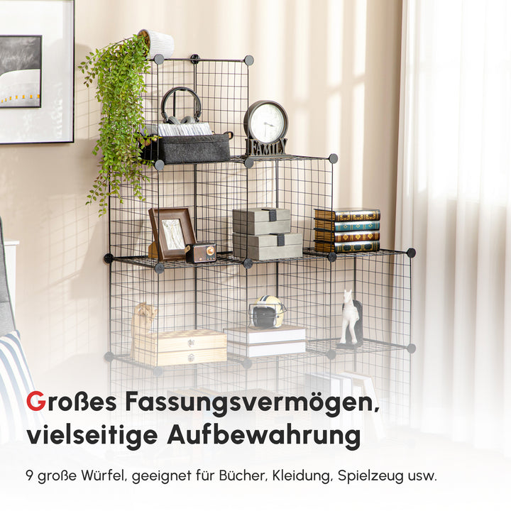 Reol, kubehylde, skohylde, 9 kuber, modulær konstruktion, stål, sort, 35 x 35 x 35 cm pr. kube