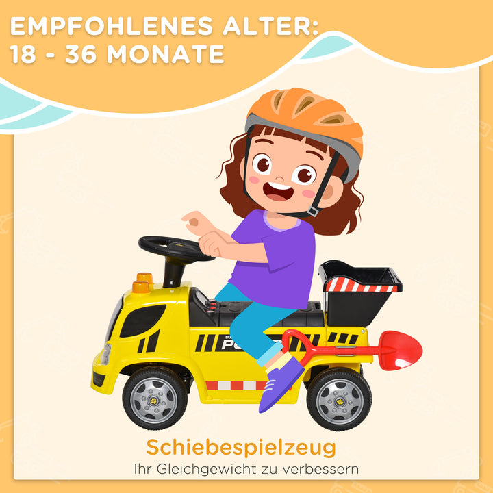 Børne-ride-on gravemaskine med tippeskovl og skovl, fodpedalbil med opbevaring under sædet til babyer 18-36 måneder, metal, pp-plastik, gul, 72 x 28,2 x 42 cm