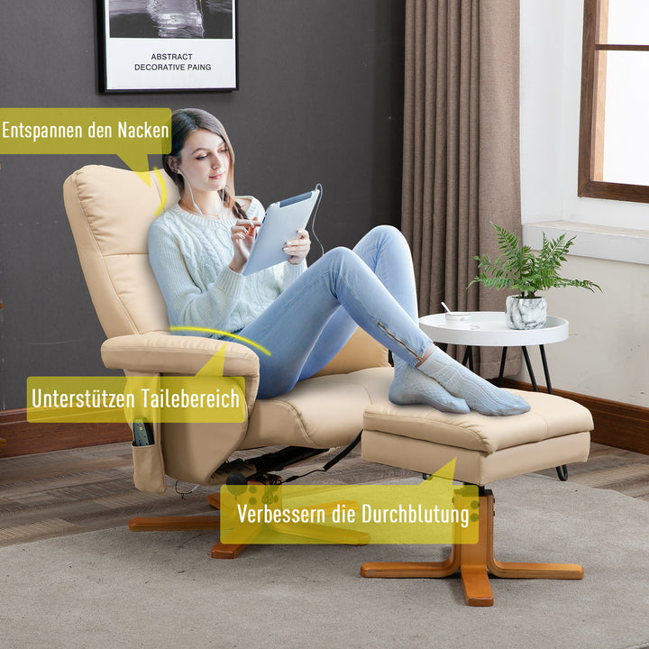 Afslappende stol massagestol med fodskammel opbevaringsplads hvilefunktion tv-stol med massagefunktion tv-stol 145° vipbar polyester cremehvid 80 x 86 x 99 cm