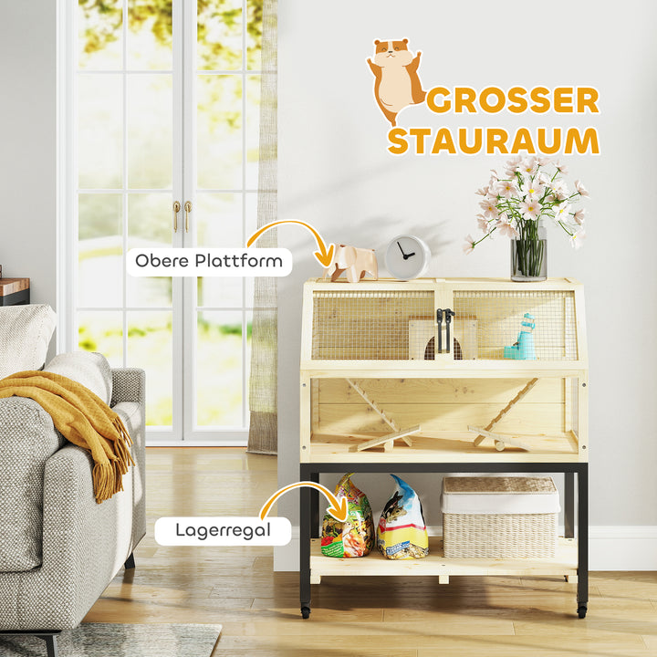 Træbur til dværghamstere med opbevaringsrum, hjul, ramper, vandflaske, hytte, vippe, 87 x 43 x 101 cm