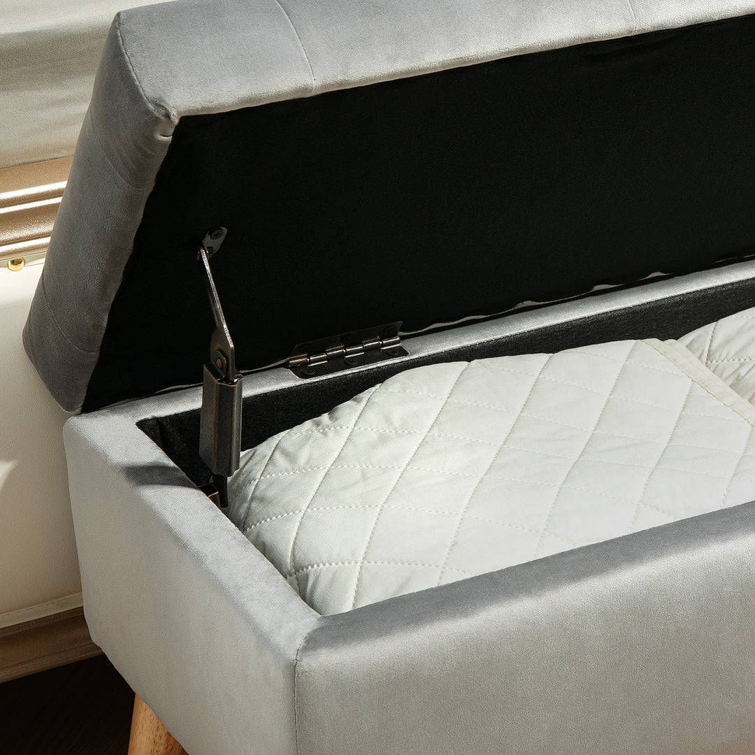 Polstret bænk med opbevaring, betræk af fløjlsstof, træben, til stue, soveværelse, entré, 80 x 35 x 40 cm, grå