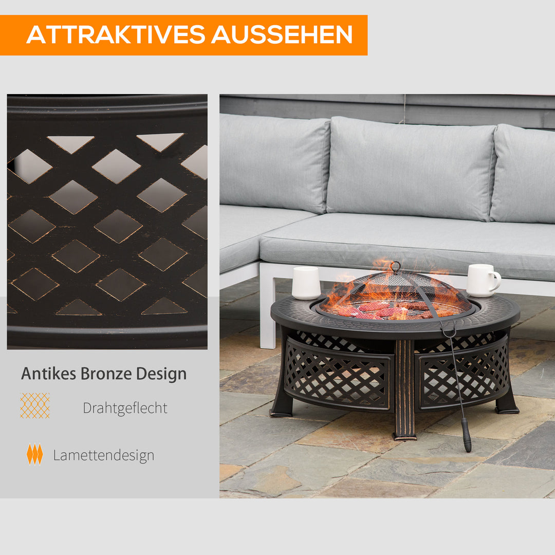 Bålfad med gnistbeskyttelse, bålkurv, bålbord, rundt bålsted til have, camping, grill, stål, sort, 81 x 81 x 50 cm