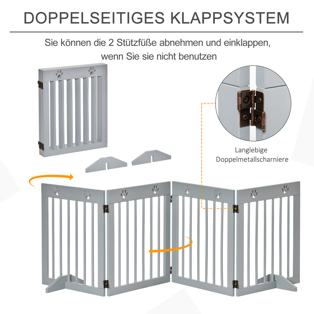 Hundegitter, fyrretræsramme, dobbeltsidet foldbar, poteaftryk, aftagelige fødder, lysegrå