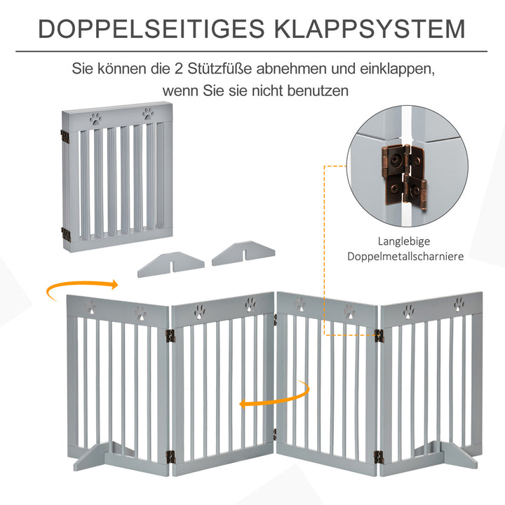 Hundegitter, fyrretræsramme, dobbeltsidet foldbar, poteaftryk, aftagelige fødder, lysegrå