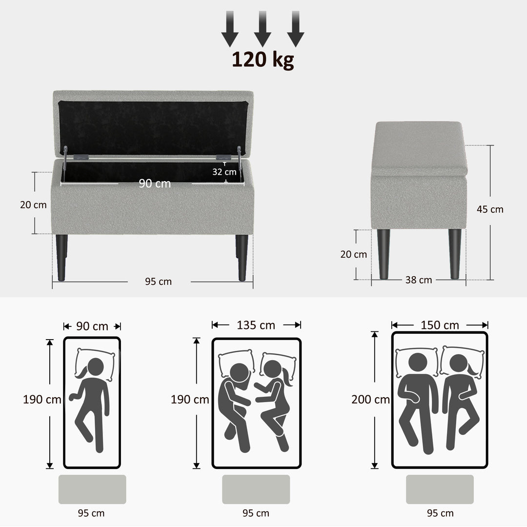 Opbevaringsbænk, op til 120 kg, fløjlslook, 95x38x45 cm, grå