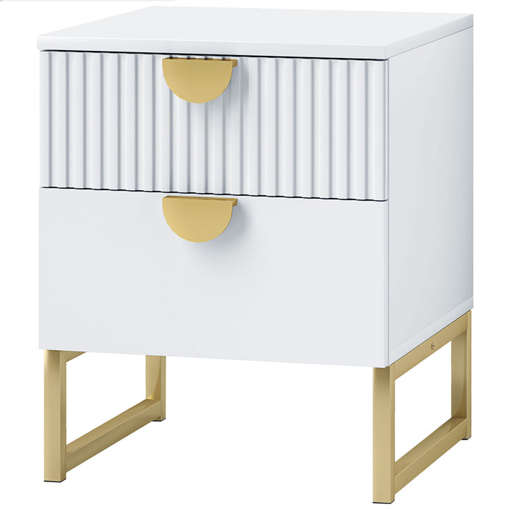 Natbord med 2 skuffer, elegante metalhåndtag i guld, 40 x 40 x 50 cm, hvid