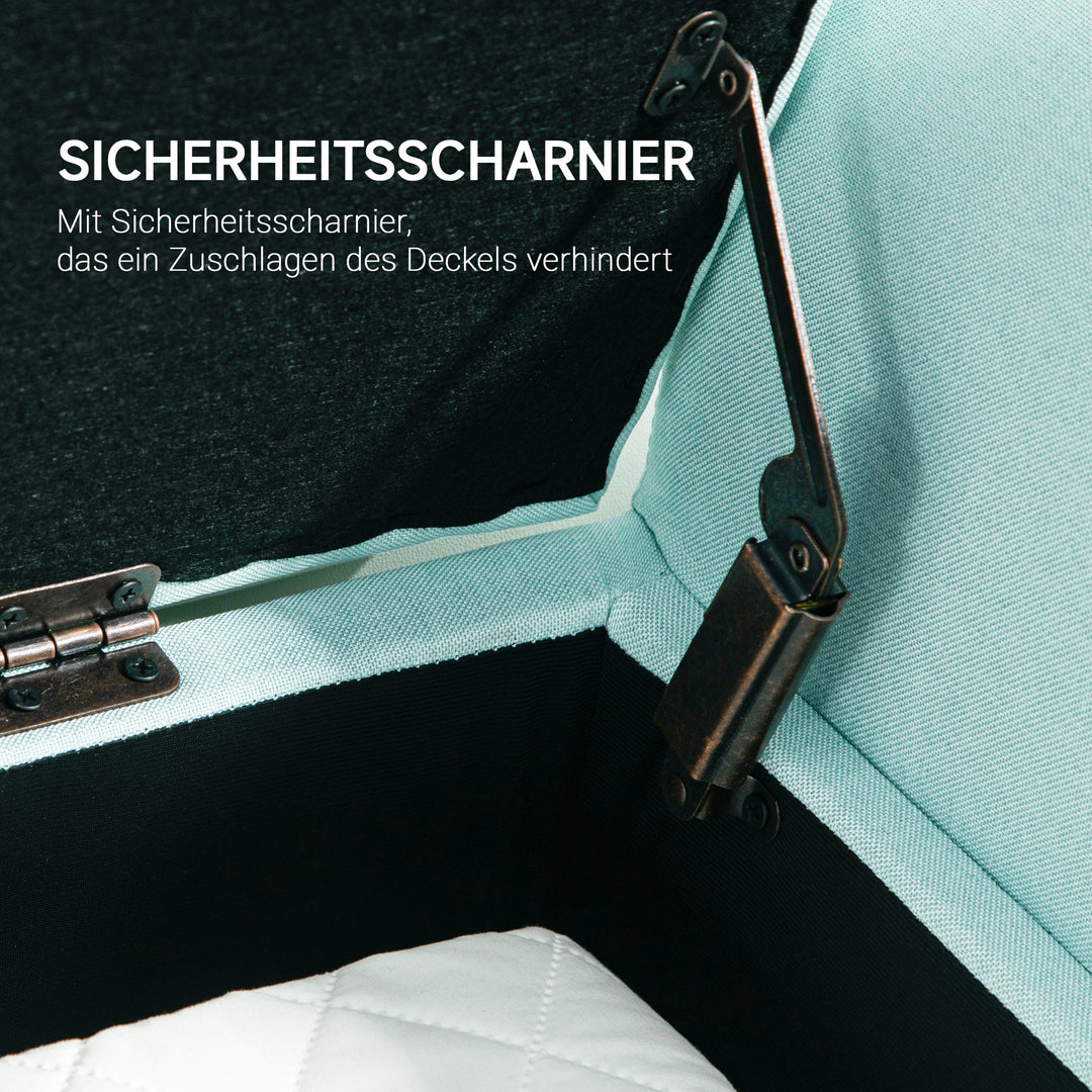 Bænk med opbevaringsplads, polstret bænk, lasteevne op til 130 kg, linnedlook, gummitræ, 116 x 44 x 58 cm, grøn