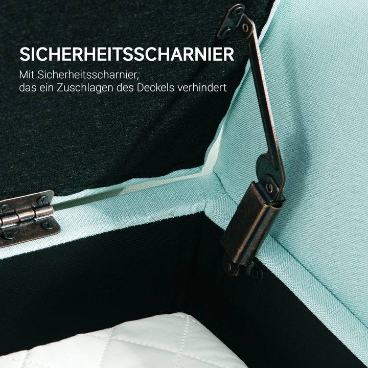 Bænk med opbevaringsplads, polstret bænk, lasteevne op til 130 kg, linnedlook, gummitræ, 116 x 44 x 58 cm, grøn