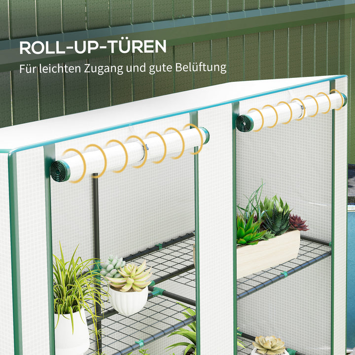 Mini drivhus med 3-lags hylde, plastikdæksel, uv-bestandig, bærbar rulleport, 144 x 48 x 152 cm, hvid