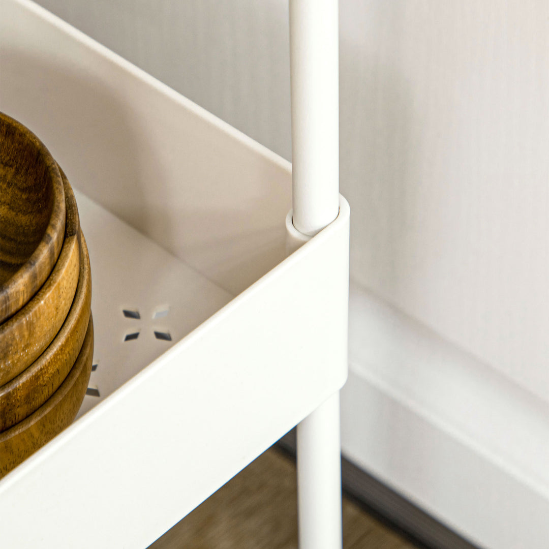 Køkkenvogn med 4 hylder, 4 fleksible kroge, 4 hjul, 40 cm x 19 cm x 90 cm, nichevogn, hvid