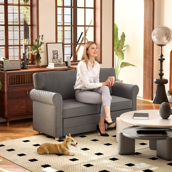 2-Personers sofa, kompakt stuesofa, stof med hørlook, bløde sædehynder, stålstel, mørkegrå