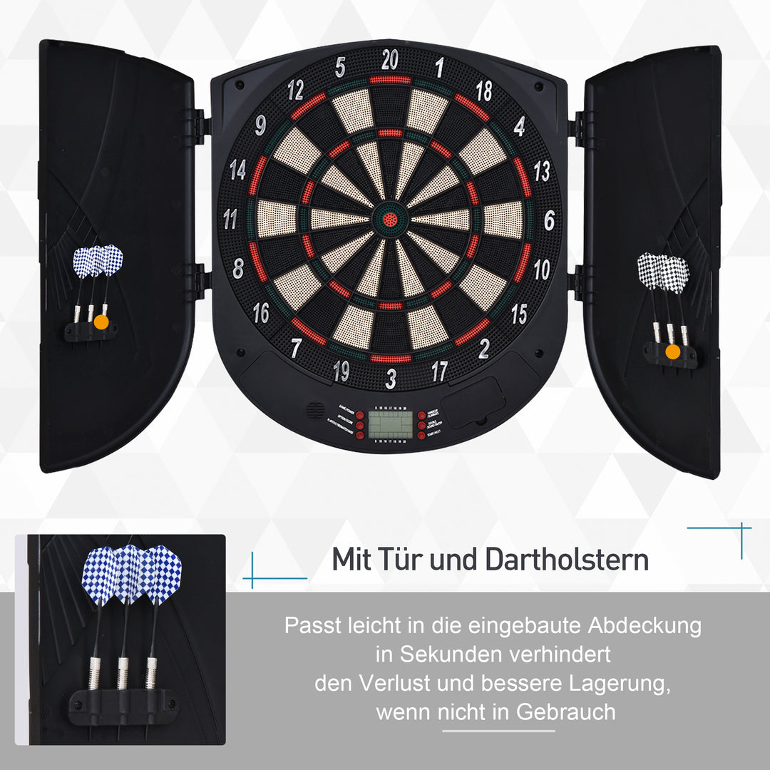 Elektronisk dartskive med stemmemeddelelser (engelsk stemme), LED-displays, 6 dart, 26 spil, 185 variationer, dartmaskine med dør, dartskivesæt til op til 8 spillere
