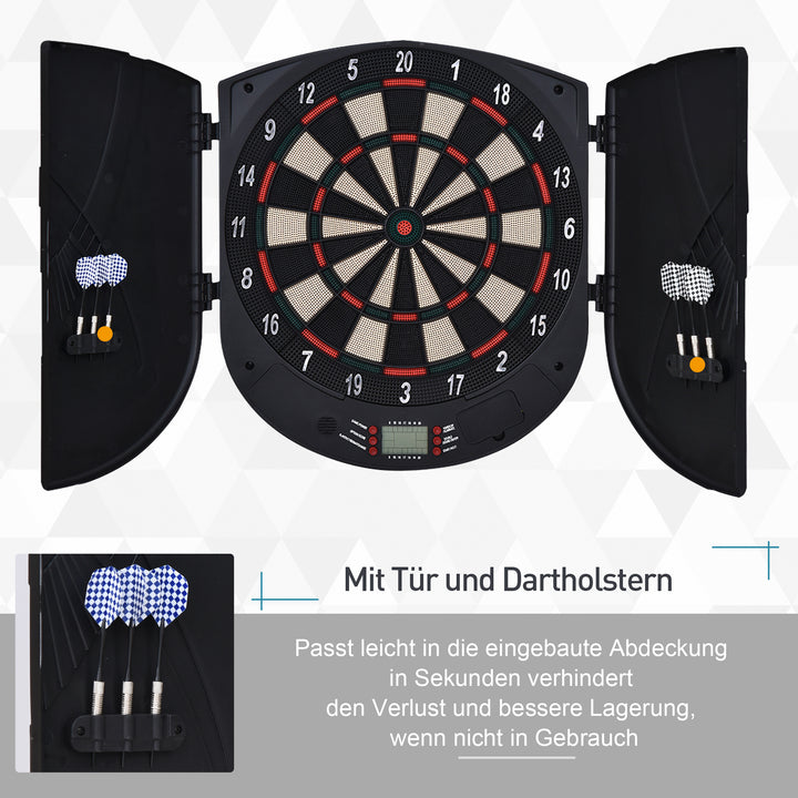 Elektronisk dartskive med stemmemeddelelser (engelsk stemme), LED-displays, 6 dart, 26 spil, 185 variationer, dartmaskine med dør, dartskivesæt til op til 8 spillere