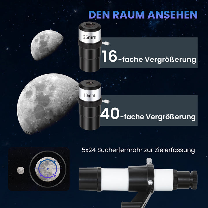 Teleskop for astronomibegyndere og voksne, 70 mm blænde, 400 mm AZ-fatning, astronomisk refraktor med stativ