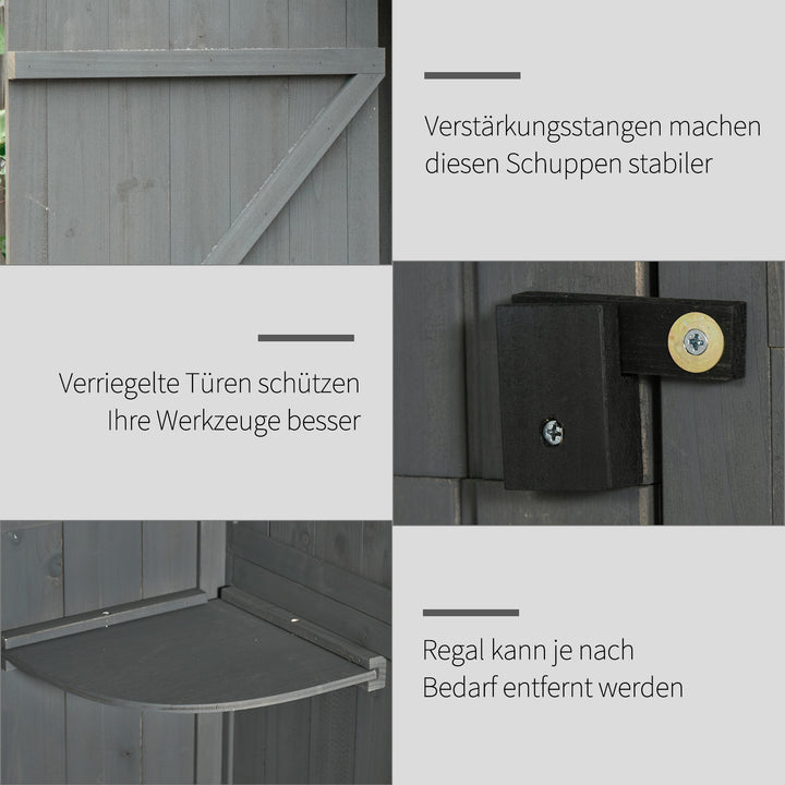 Træskur, vejrbestandigt redskabsskur 77x54,2x179cm, redskabsskur med dør, gavltag, redskabsskab med hylder, redskabsskab haveskur til haven, terrasse, grå+grøn