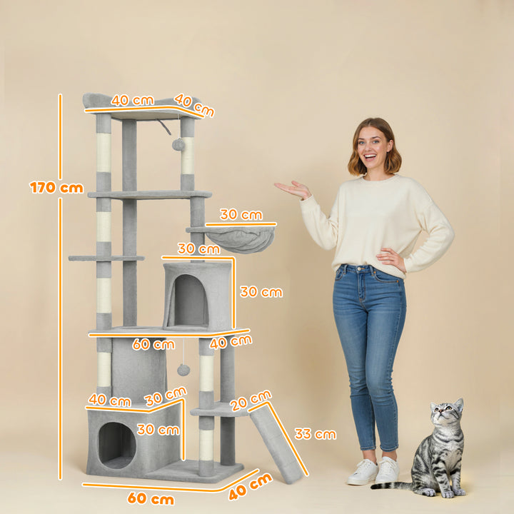 Kradsetræ til katte, 170 cm, tunnel, huler, stor base, sisalpæle, lysegrå