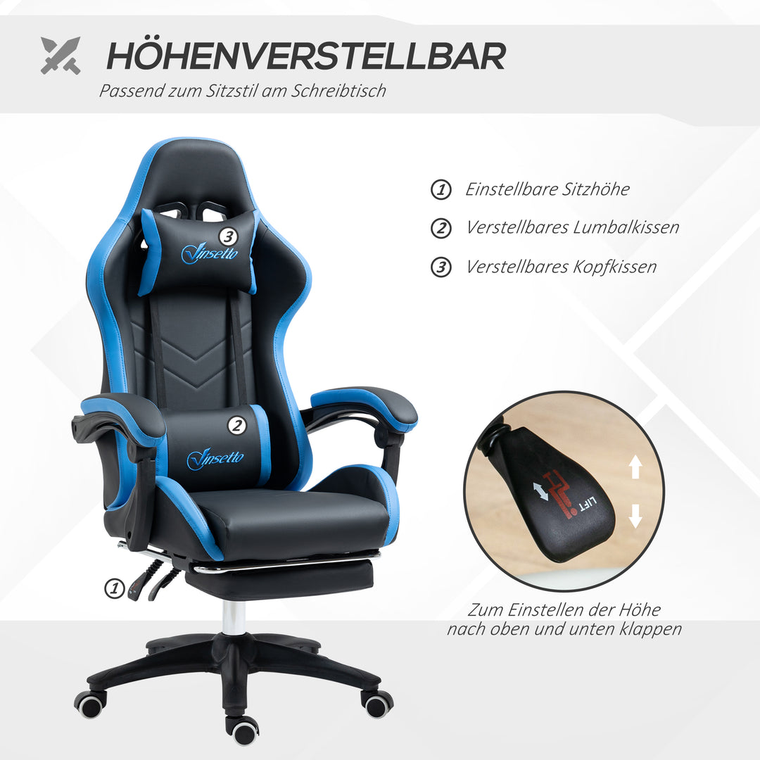 Kontorstol, gamingstol, 1 nakkestøtte, 1 lændestøtte, blå + sort