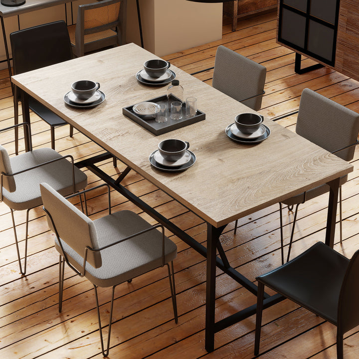 Spisebord til 6-8 personer. Moderne rektangulært køkkenbord med trælook, 180 x 80 x 75,5 cm, naturfarvet.
