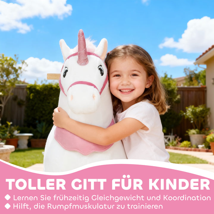 Ridehest til børn, enhjørningsdesign, stofbetræk, robust stel, glatte hjul, gyngehest, 3-5 år, hvid