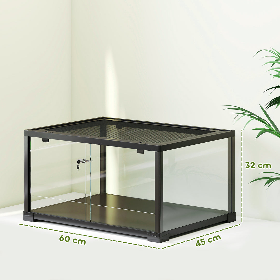 Krybdyrterrarium, 86 liters terrarium med skydedør, aflåselig, til firben, insekter, edderkopper, gekkoer, 60 x 45 x 32 cm, sort