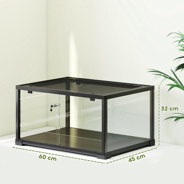 Krybdyrterrarium, 86 liters terrarium med skydedør, aflåselig, til firben, insekter, edderkopper, gekkoer, 60 x 45 x 32 cm, sort
