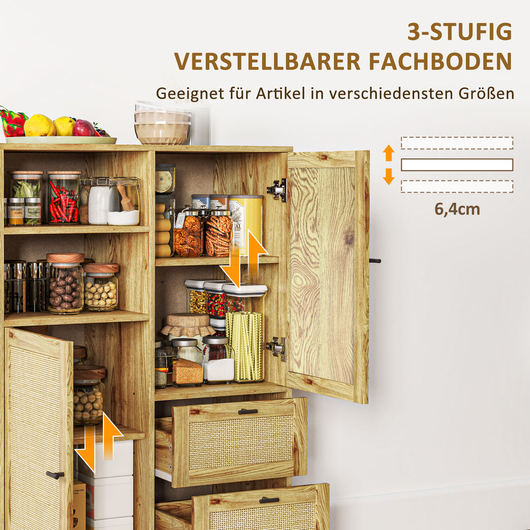 Opbevaringsskab, fleksibel kommode med rottingdøre, skuffer og justerbare hylder, 80b x 40d x 120h cm