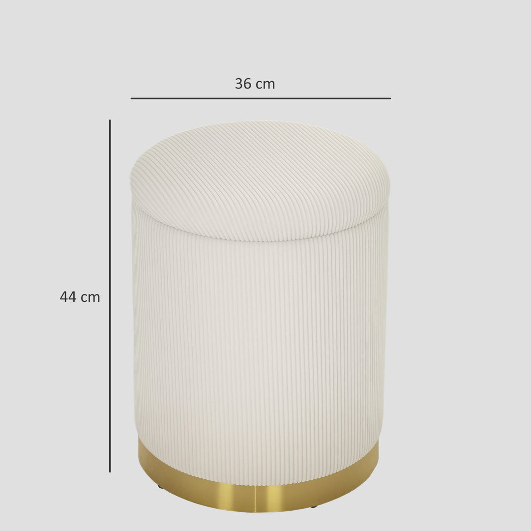 Skammel med opbevaringsplads, foldbar skammel med låg, stålbund, rund fodskammel 36 x 36 x 44 cm, cremehvid