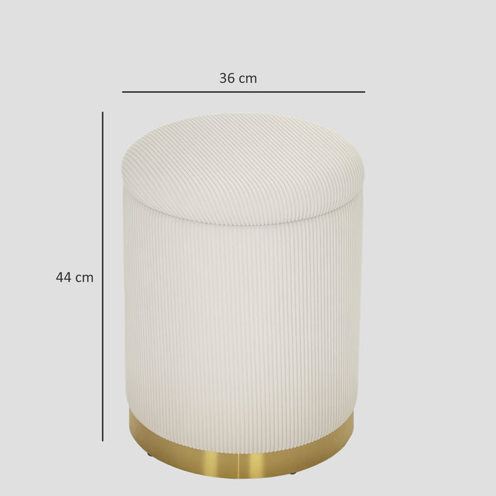 Skammel med opbevaringsplads, foldbar skammel med låg, stålbund, rund fodskammel 36 x 36 x 44 cm, cremehvid