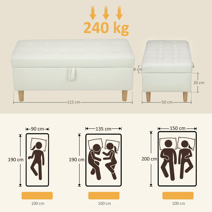 Polstret opbevaringsfodskammel med træben og blødt stofbetræk, cremehvid