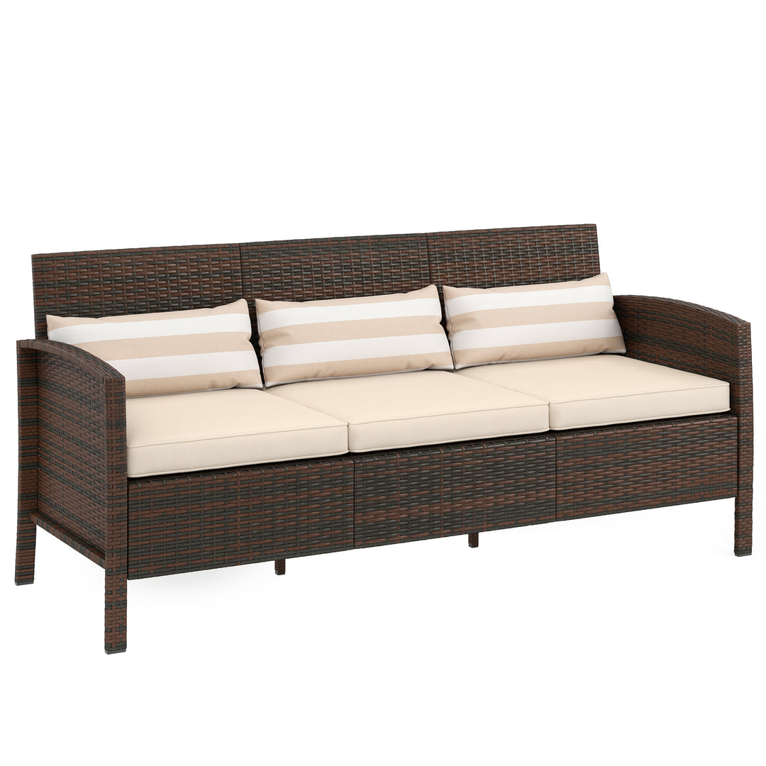 Rattan sofa med hynder, tre-personers, havelounge sofa, stål, brun, 173 x 68 x 78 cm